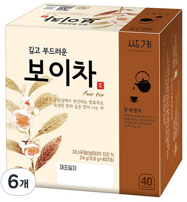 쌍계명차 깊고 부드러운 보이차, 600mg, 40개입, 6개