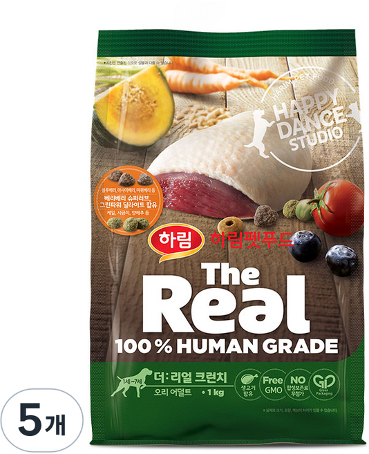 하림펫푸드 더리얼 크런치 어덜트 강아지사료, 오리, 1kg, 5개