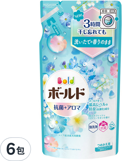 Bold 日本原裝進口 超濃縮衣物芳香洗衣精補充包 清爽花香 藍色, 400g, 6包