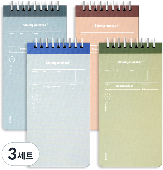 뮤니드 스프링 만년 상철 100일 플래너 노트 4종 세트, 그레이블루, 카키, 블루, 브라운, 3세트