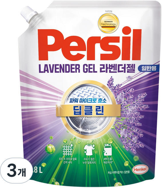 퍼실 딥클린 초미세세탁 라벤더젤 맥스 일반용 액체세제 리필, 1.8L, 3개