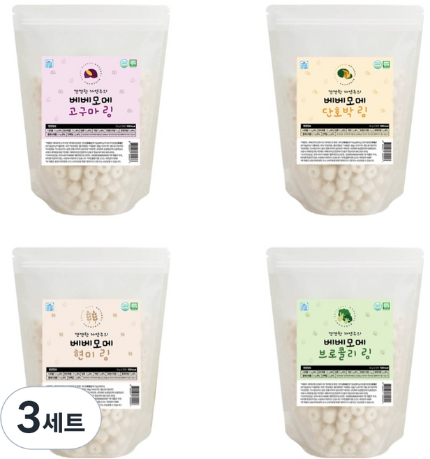 베베모메 유아용 유기농 링 떡뻥 4종 세트 30g, 현미맛, 브로콜리맛, 고구마맛, 단호박맛, 3세트