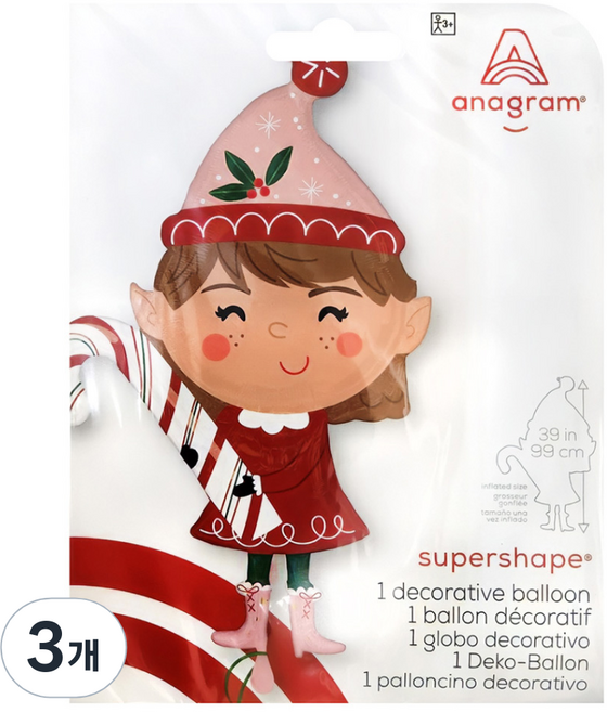 아나그램 은박풍선 메리크리스마스 엘프 슈퍼쉐입, 혼합색상, 3개