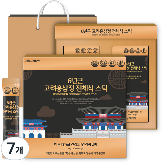개성고려삼인 6년근 고려홍삼정 전체식 스틱 + 쇼핑백, 360g, 7개