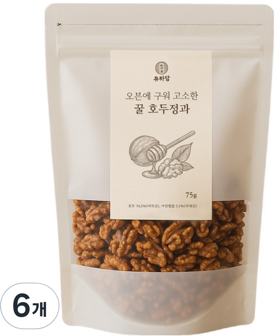 유하담 오븐에 구워 꼬소한 꿀 호두정과 호두강정, 75g, 6개