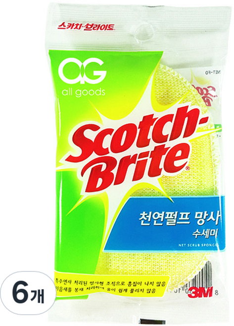 스카치브라이트 천연펄프 망사 수세미 타원형 랜덤발송, 1개, 6개