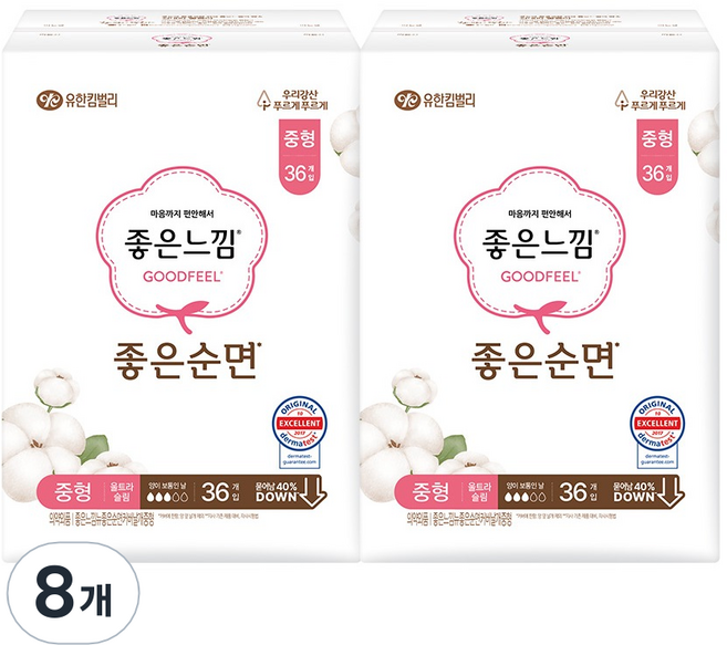 좋은느낌 좋은순면 생리대 날개형, 중형, 36개입, 8개