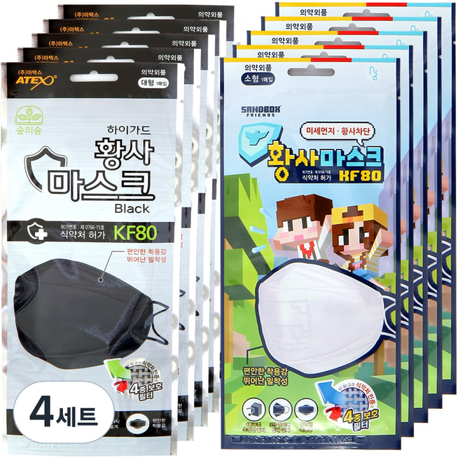 아텍스 하이가드 황사마스크 대형 블랙 KF80 5p + 샌드박스 도티 & 잠뜰 황사마스크 소형 KF80 5p, 4세트