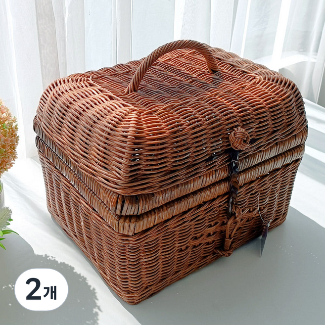 메종인다라탄샵 큰사이즈 피렌체 뚜껑 수납 다용도 라탄바구니 N023H, 브라운, 2개