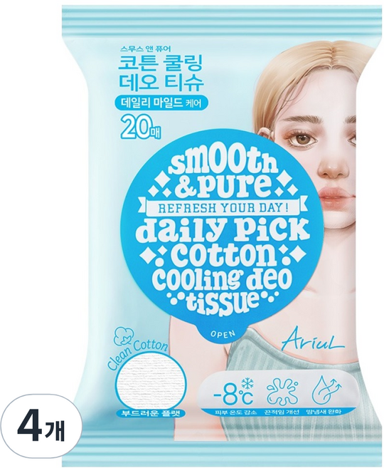 아리얼 스무스 앤 퓨어 코튼 쿨링 데오 티슈 플랫 20p, 4개, 100g