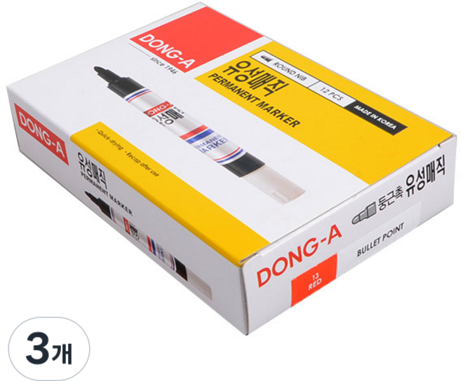 DONG-A 圓頭油性麥克筆 12入, 紅色的, 3個