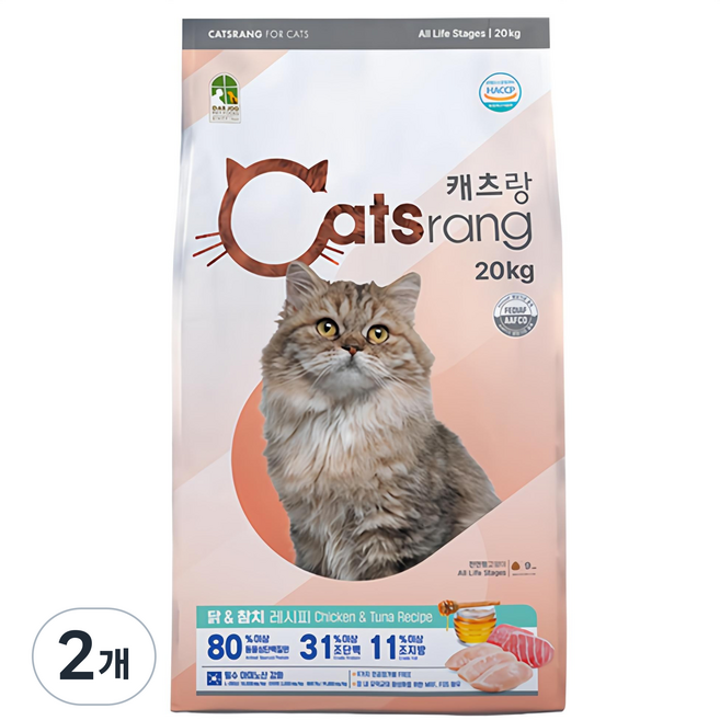 캐츠랑 전연령 고양이 건식사료, 닭+참치, 20kg, 2개