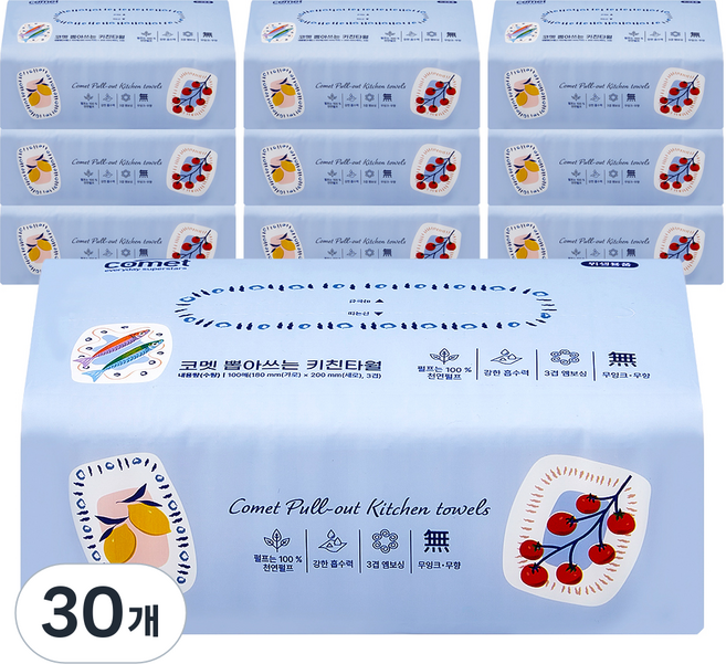 코멧 뽑아쓰는 3겹 천연펄프 키친타올, 30개, 100개입