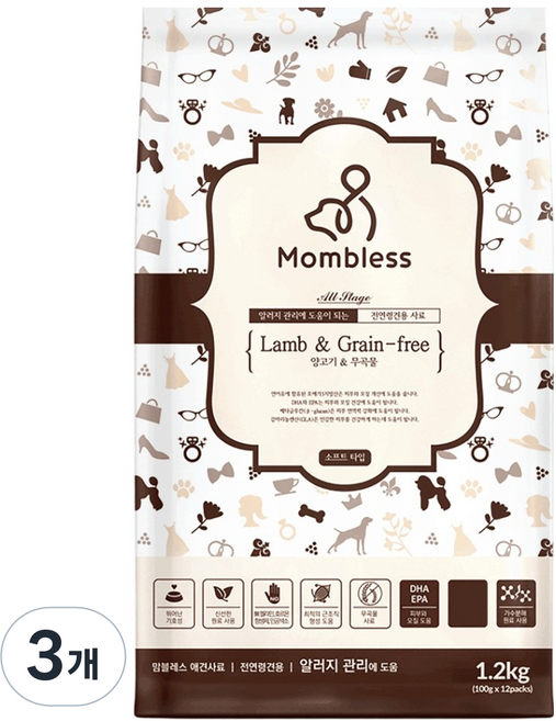 맘블레스 강아지 소프트 사료 무곡물, 1.2kg, 3개, 양