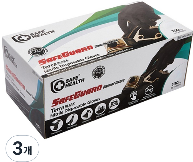 세이프헬스 세이프가드 니트릴장갑 100p, 블랙, 중(M), 3개