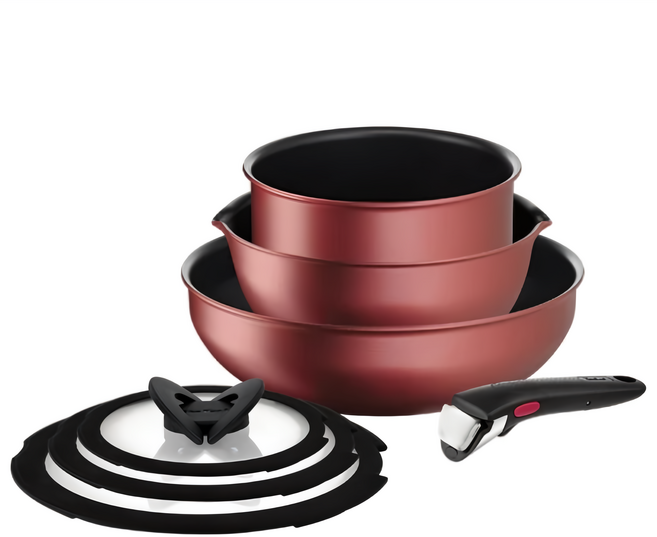 Tefal 特福 巧變精靈系列7件組 IH, 寶石紅, 1組, 26公分炒鍋 + 22公分萬用鍋 + 18公分湯鍋 + 26公分玻璃鍋蓋 + 22公分玻璃鍋蓋 + 18公分玻璃鍋蓋 + 可拆式把手