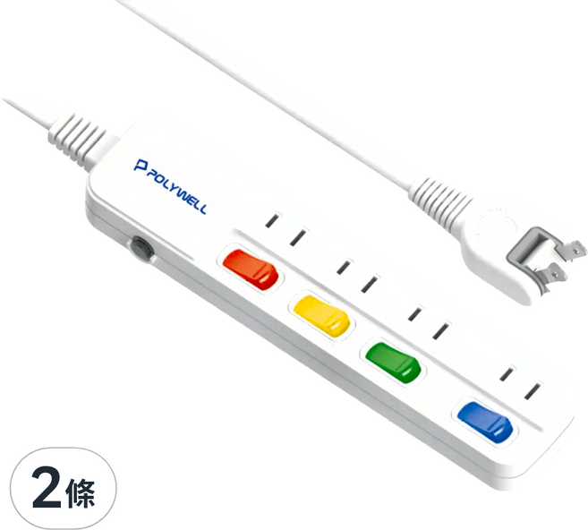 POLYWELL 寶利威爾 4切4座2P延長線 TS-244KS PW15-T05-A062, 1.8m, 白色, 2條