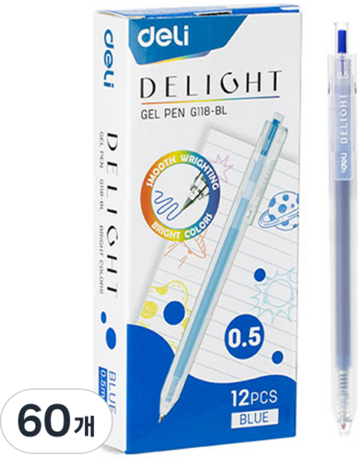 델리 델라이트 퀵드라이 노크식 젤잉크펜 0.5mm EG118, 블루, 60개