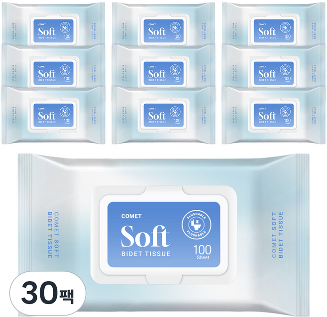 코멧 소프트 부드러운 비데티슈 캡형, 30팩, 100매, 55g