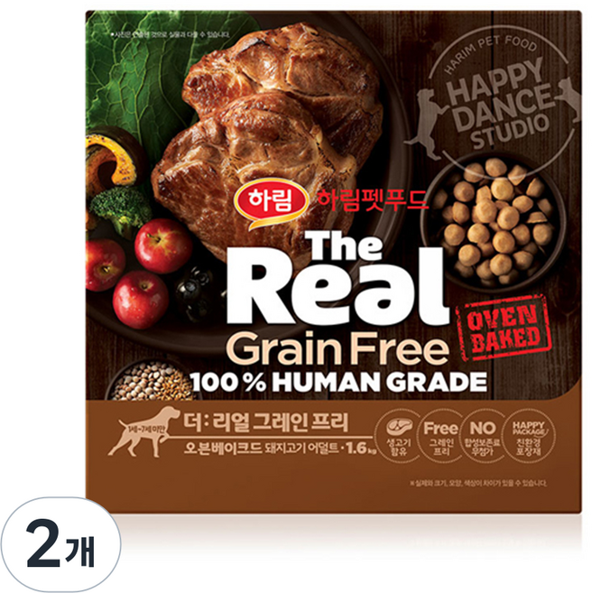 하림펫푸드 어덜트 강아지 더리얼 그레인프리 오븐베이크드 건식사료, 돼지, 1.6kg, 2개