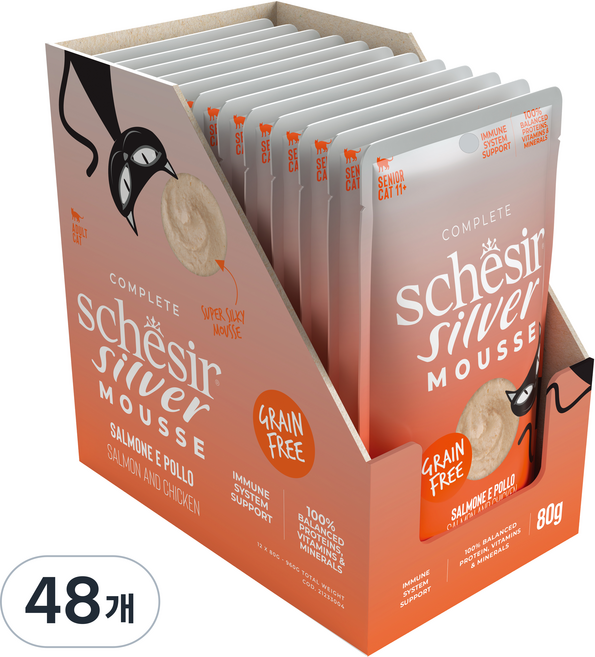 스케지어 노령묘용 쉐지애 실버 무스 연어 고양이 주식 파우치, 80g, 48개