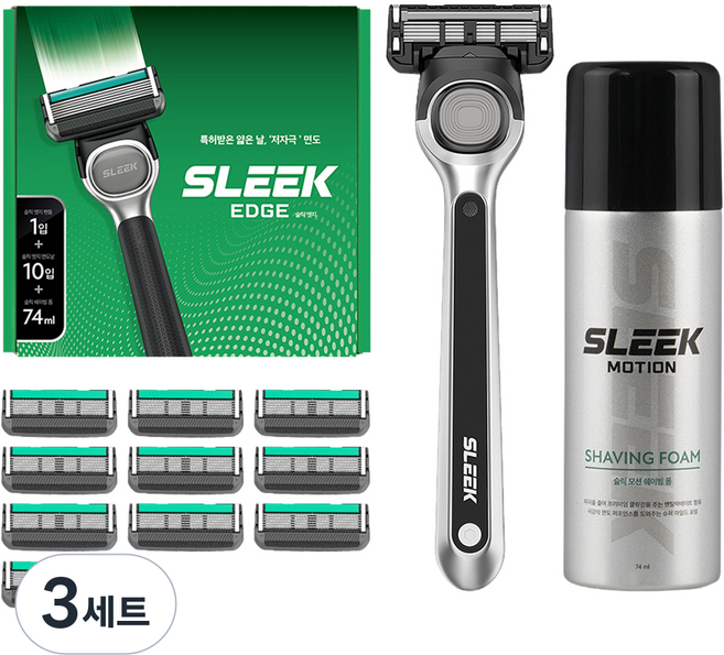 도루코 슬릭 엣지 면도기 세트, 면도기핸들 + 면도날 10p + 쉐이빙폼 74ml, 3세트