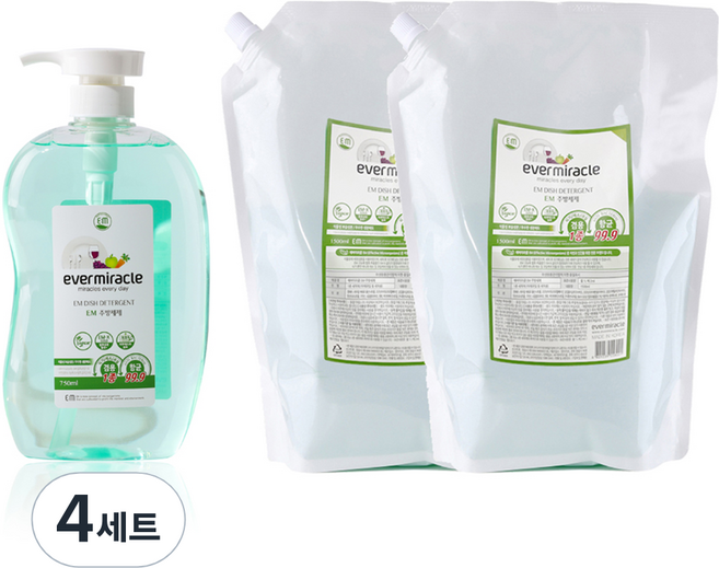에버미라클 EM 주방세제 750ml + 리필 1.5L x 2p, 4세트