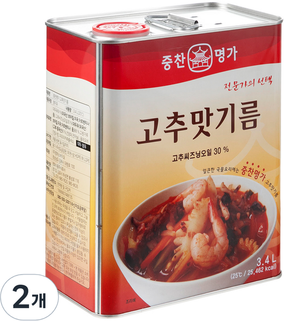 중찬명가 고추맛기름, 2개, 3.4L