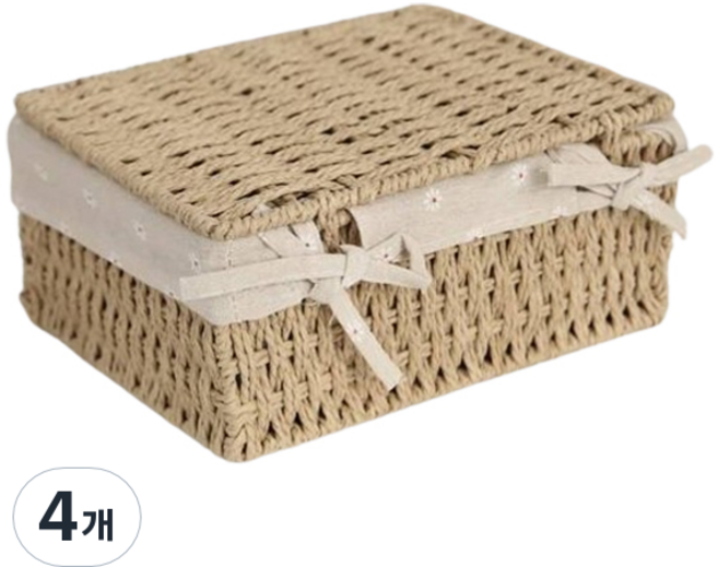 내일의공간 커버 꼬임로프 뚜껑 라탄바구니, 네츄럴, 4개