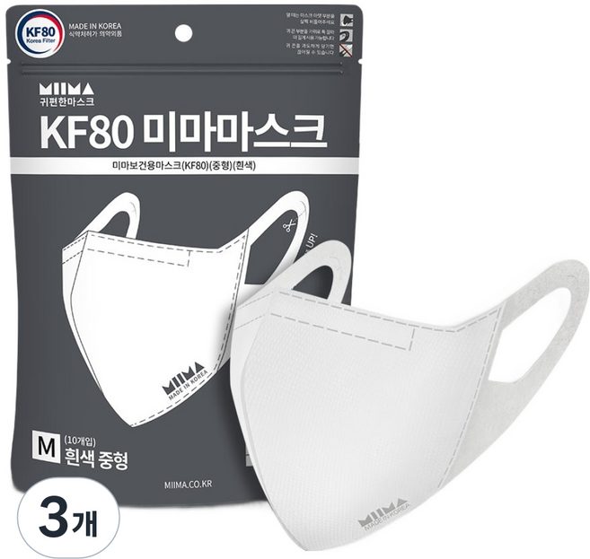 미마 보건용 마스크 중형 KF80, 흰색, 3개, 10개입