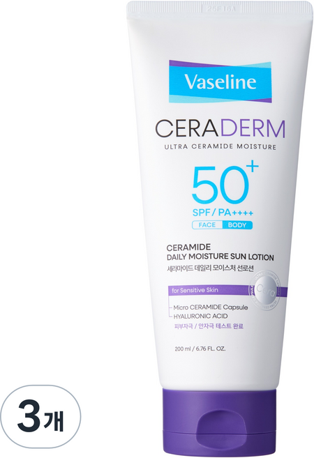 애경바세린 세라덤 모이스처 선로션 페이스 앤 바디 SPF50+ PA++++, 3개, 200ml