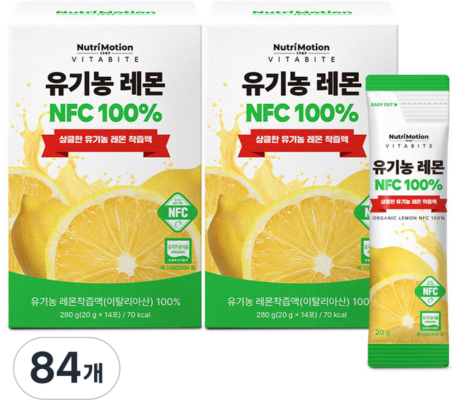 뉴트리모션 비타바이트 유기농 레몬 NFC 100%, 20g, 84개