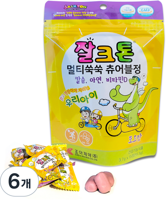 잘크톤 츄어블 멀티쑥쑥 포도맛 휴대용 파우치형, 15정, 6개