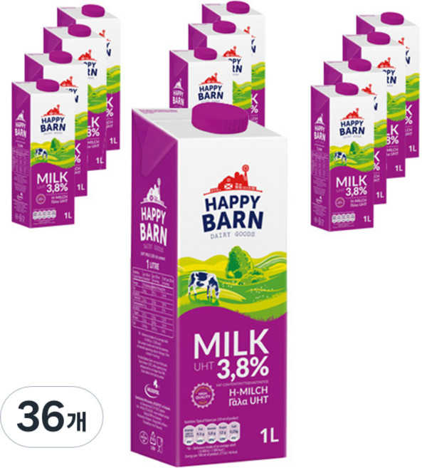 해피반 멸균우유 3.8%, 1L, 36개
