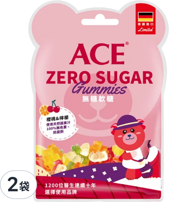 ACE ZERO SUGAR Q 軟糖 櫻桃 + 檸檬, 40g, 2袋