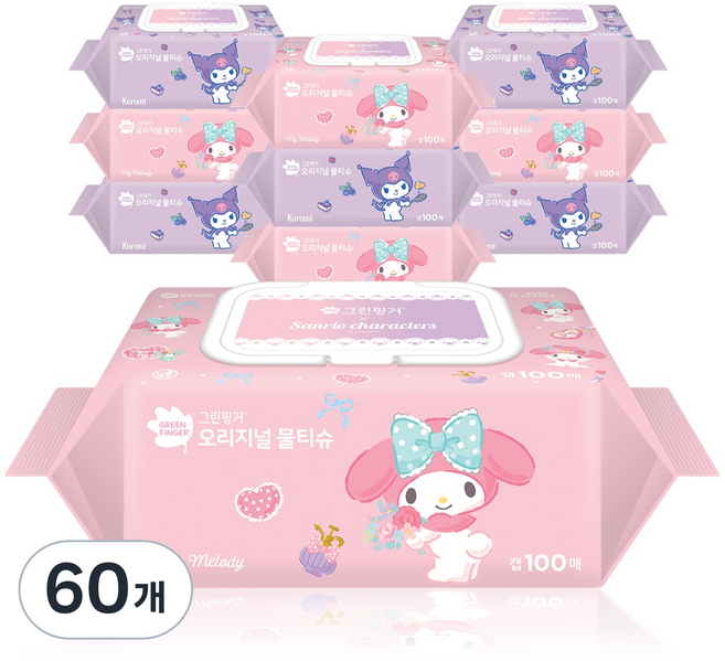 그린핑거 산리오 캐릭터즈 오리지널 물티슈 캡형, 260g, 100매, 60개