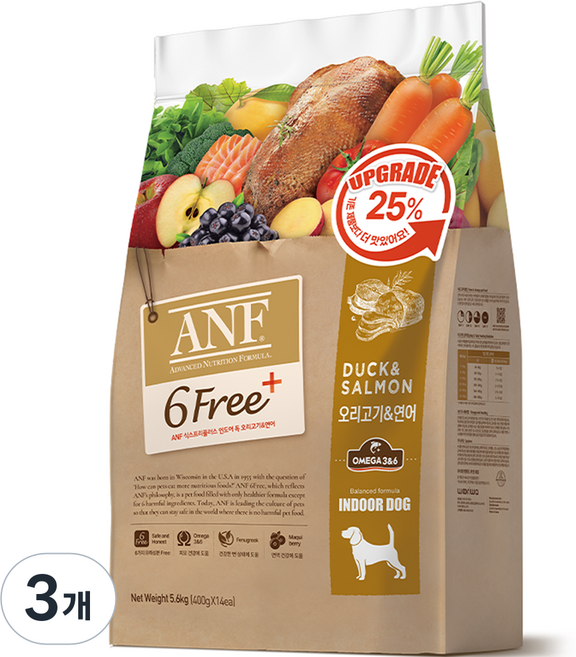 ANF 전연령 식스프리 플러스 인도어 독 건식사료, 연어+오리, 5.6kg, 3개