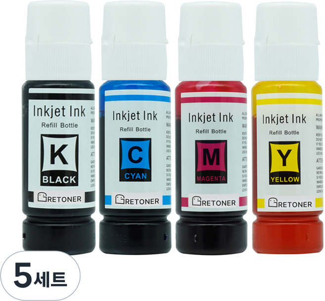 탑젯 엡손 003 T00V 호환 무한 리필 잉크 4종 세트, 검정, 파랑, 빨강, 노랑, 5세트
