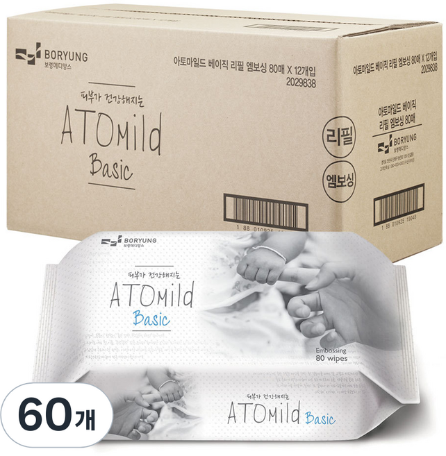 아토마일드 베이직 엠보싱 유아물티슈 리필형, 50g, 80매, 60개