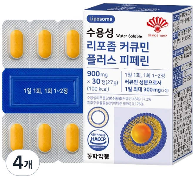 동화약품 수용성 리포좀 커큐민 플러스 피페린 27g, 30정, 4개 - 쿠팡