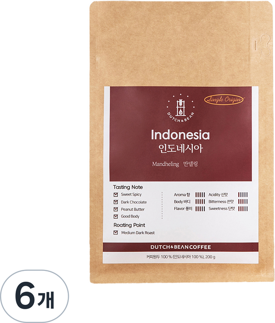 DUTCH&BEAN COFFEE 單一產區印尼曼特寧咖啡烘焙咖啡豆, 咖啡機(中度研磨), 200g, 6個