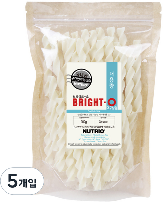 뉴트리오 브라이트오 강아지 치석껌 대용량, 대구살껌맛, 250g, 5개