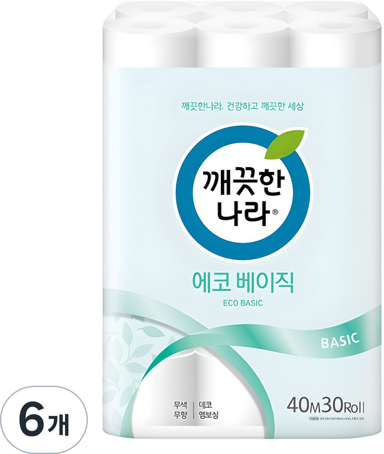 깨끗한나라 에코 베이직 2겹 롤화장지, 40m, 30개입, 6개