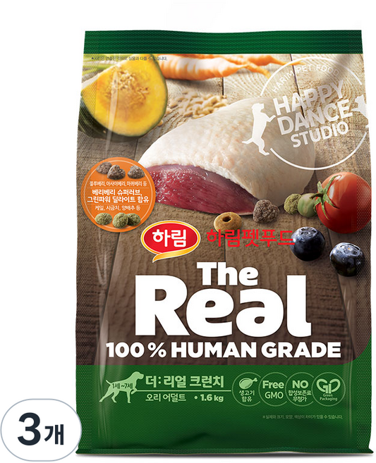 하림펫푸드 어덜트 강아지 더리얼 크런치 건식사료, 오리, 1.6kg, 3개
