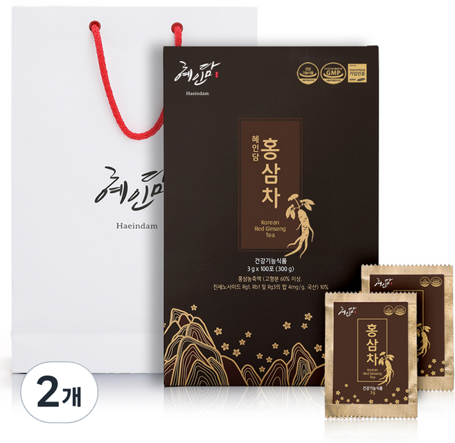 Haeindam 紅參茶 100包入+購物袋, 2個, 300g