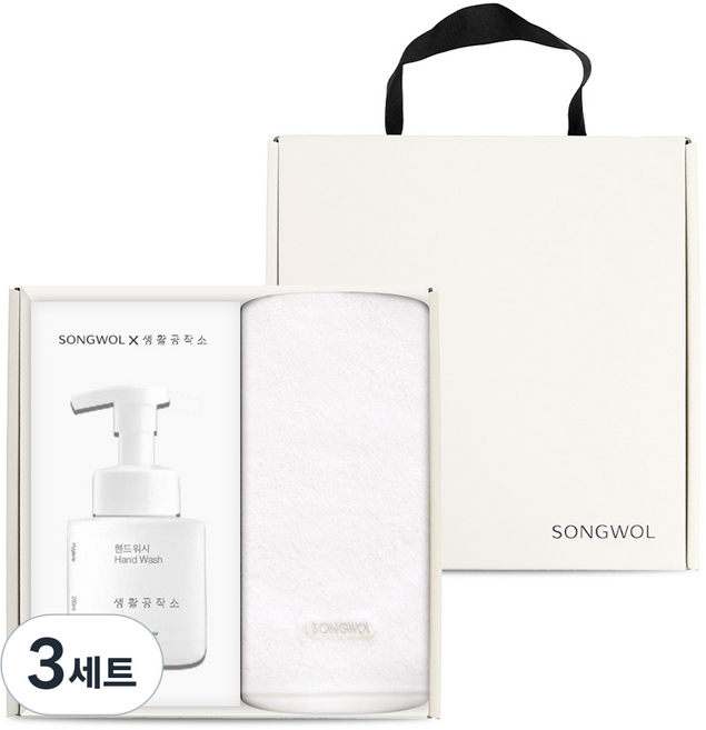 송월타올 × 생활공작소 프리즘 호텔수건 170g 30수 코마사 + 핸드워시 250ml 선물세트, 화이트, 3세트