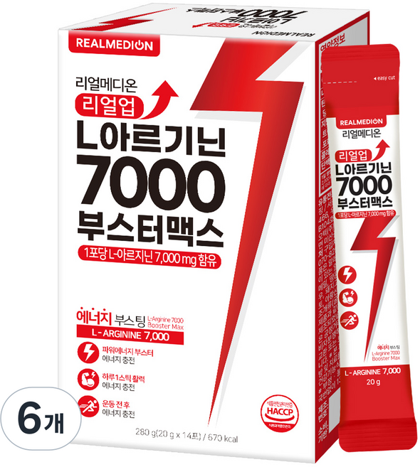 리얼메디온 리얼업 L 아르기닌 7000 부스터 맥스, 6개, 280g
