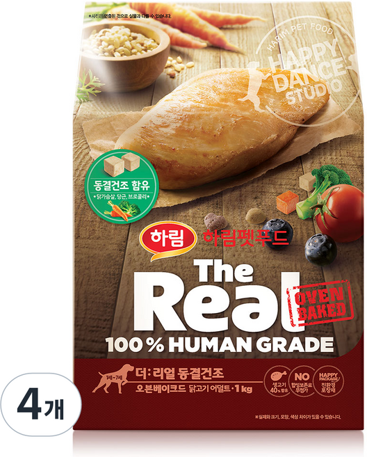 하림펫푸드 더리얼 동결건조 오븐베이크드 어덜트 강아지사료, 닭, 1kg, 4개