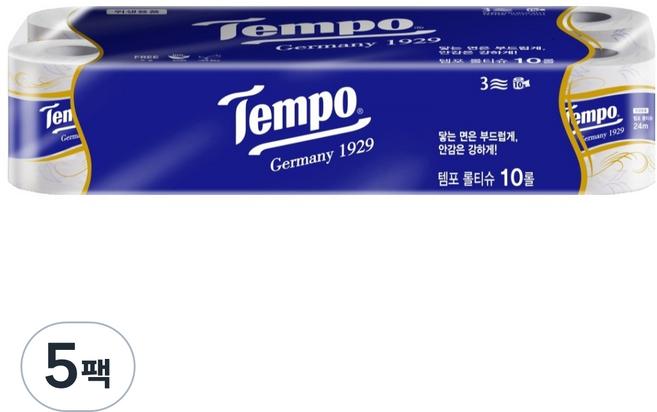Tempo 得寶 天然紙漿3層高級捲筒衛生紙, 24m, 10捲, 5個