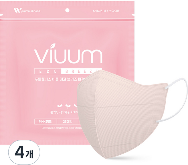 viuum 에코 브리즈 새부리형 마스크 중형 KF94, 25개입, 4개, 핑크